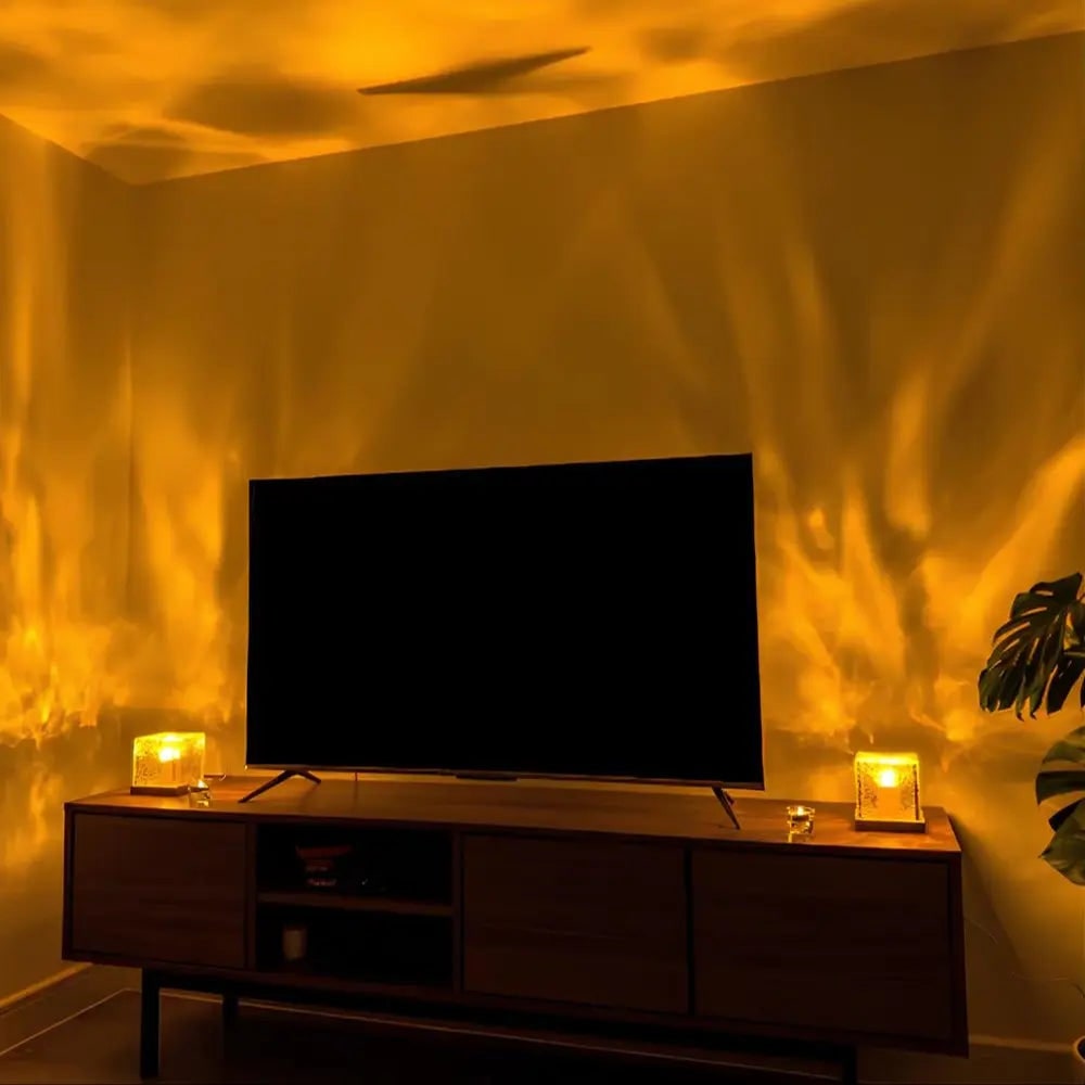 Lampprojector met afstandsbediening, waterrimpelkubus met houten voet, LED-aurora