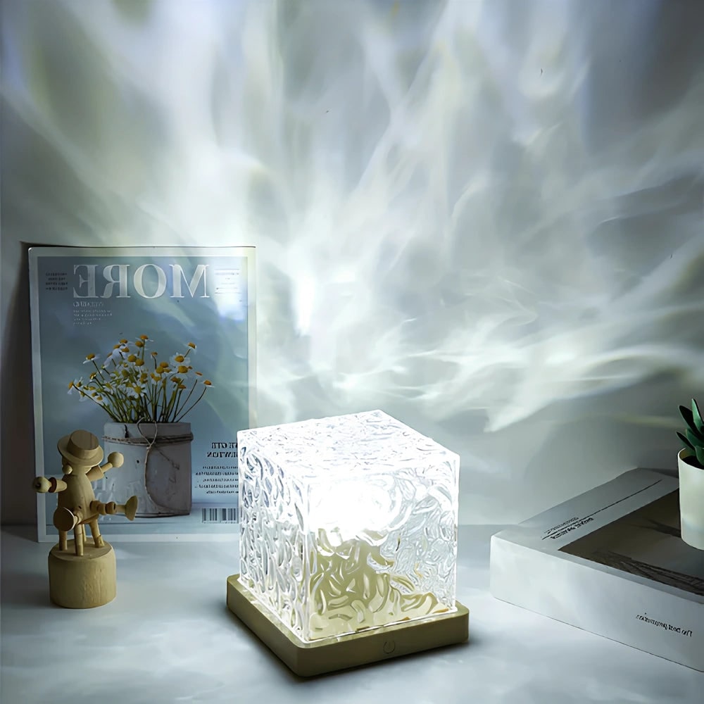 Lampprojector met afstandsbediening, waterrimpelkubus met houten voet, LED-aurora
