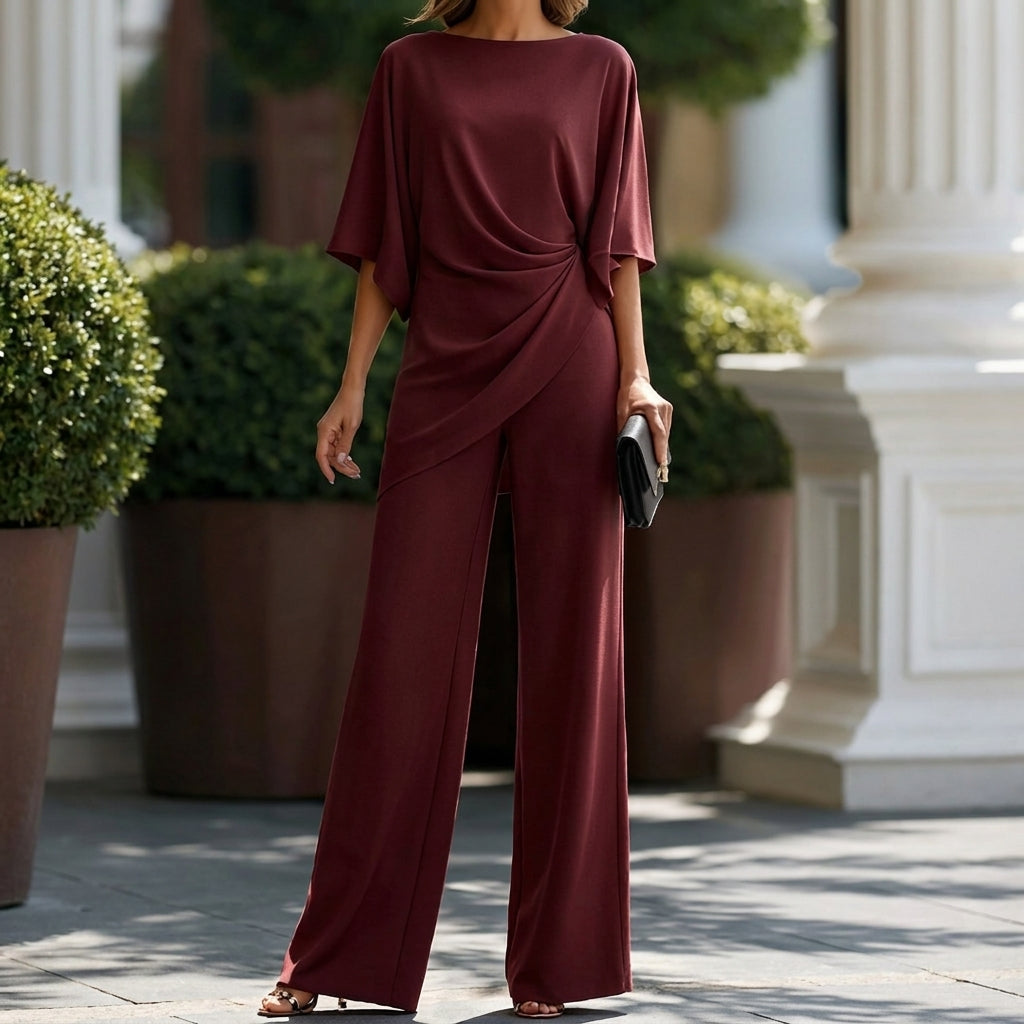 Gedrapeerde blouse en broek met wijde pijpen – tweedelig