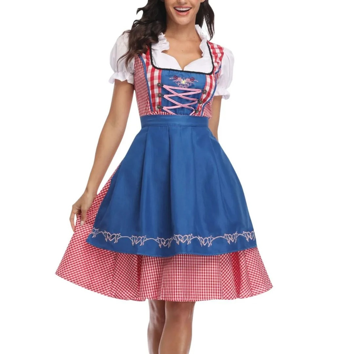 Geruite damesjurk met korset met rijgsluiting en schort, Oktoberfest midi