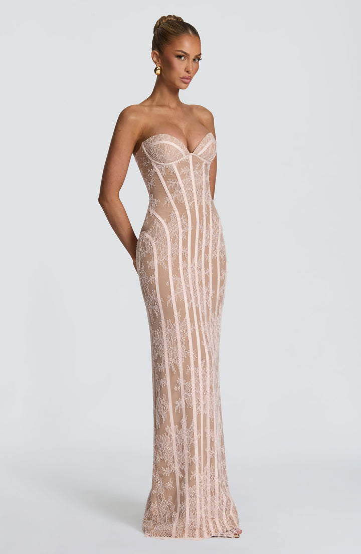 Strapless maxi-jurk met bloemenkant en korset