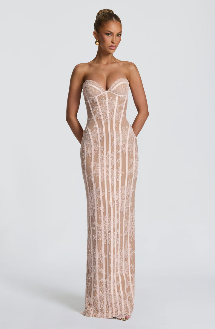 Strapless maxi-jurk met bloemenkant en korset