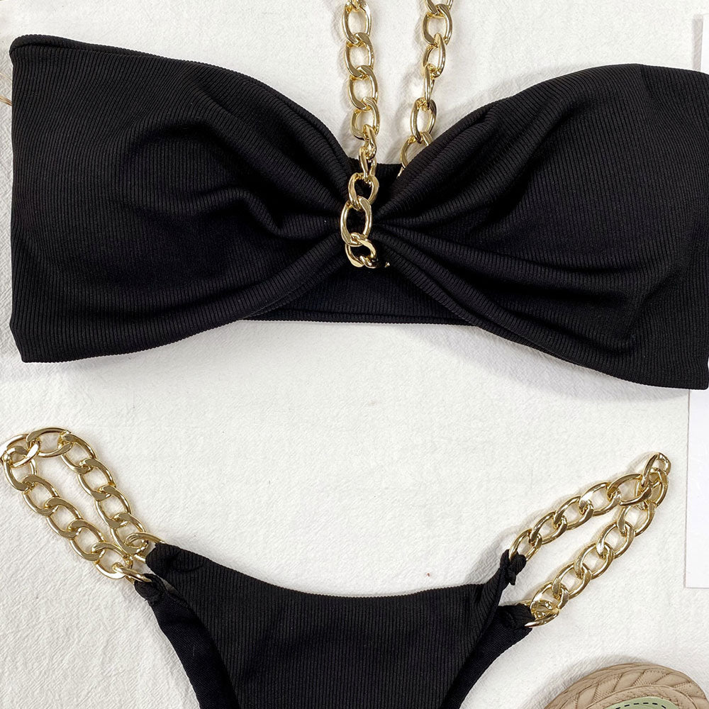 
                  
                    Metallic Chain Halter Bandeau Ribbed Brazilian Bikini Set - SkinzLine
                  
                