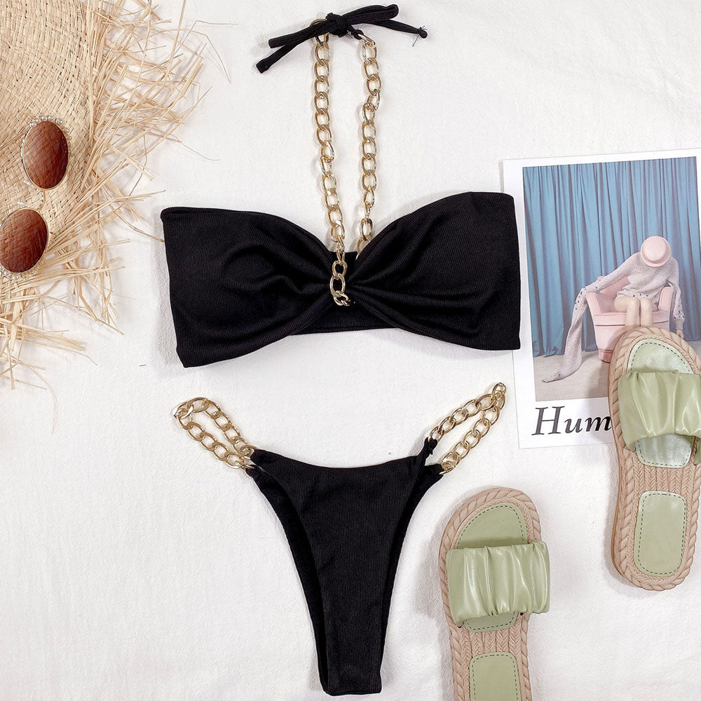 Metallic Chain Halter Bandeau Ribbed Brazilian Bikini Set - SkinzLine