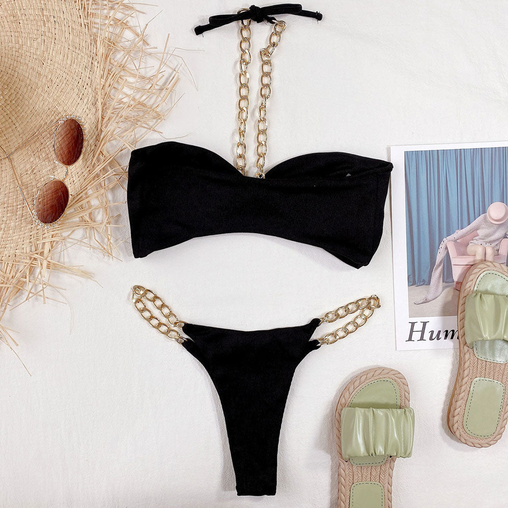 
                  
                    Metallic Chain Halter Bandeau Ribbed Brazilian Bikini Set - SkinzLine
                  
                
