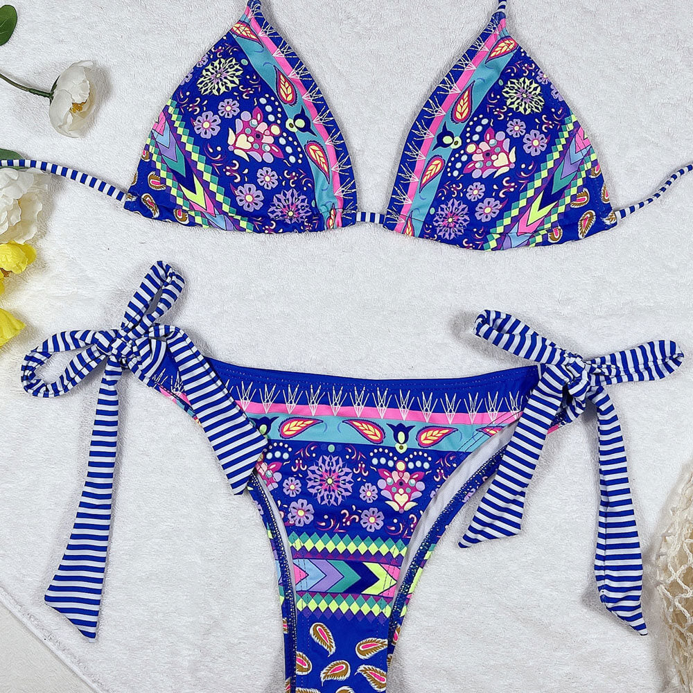 Maritieme Bloemenprint Braziliaanse Bikini met Striksluiting - SkinzLine