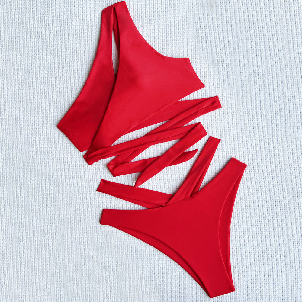 
                  
                    Gorgeous High Cut Cutout Twisted One Shoulder Brazilian Two Piece Bikini Swimsuit - SkinzLine
                  
                
