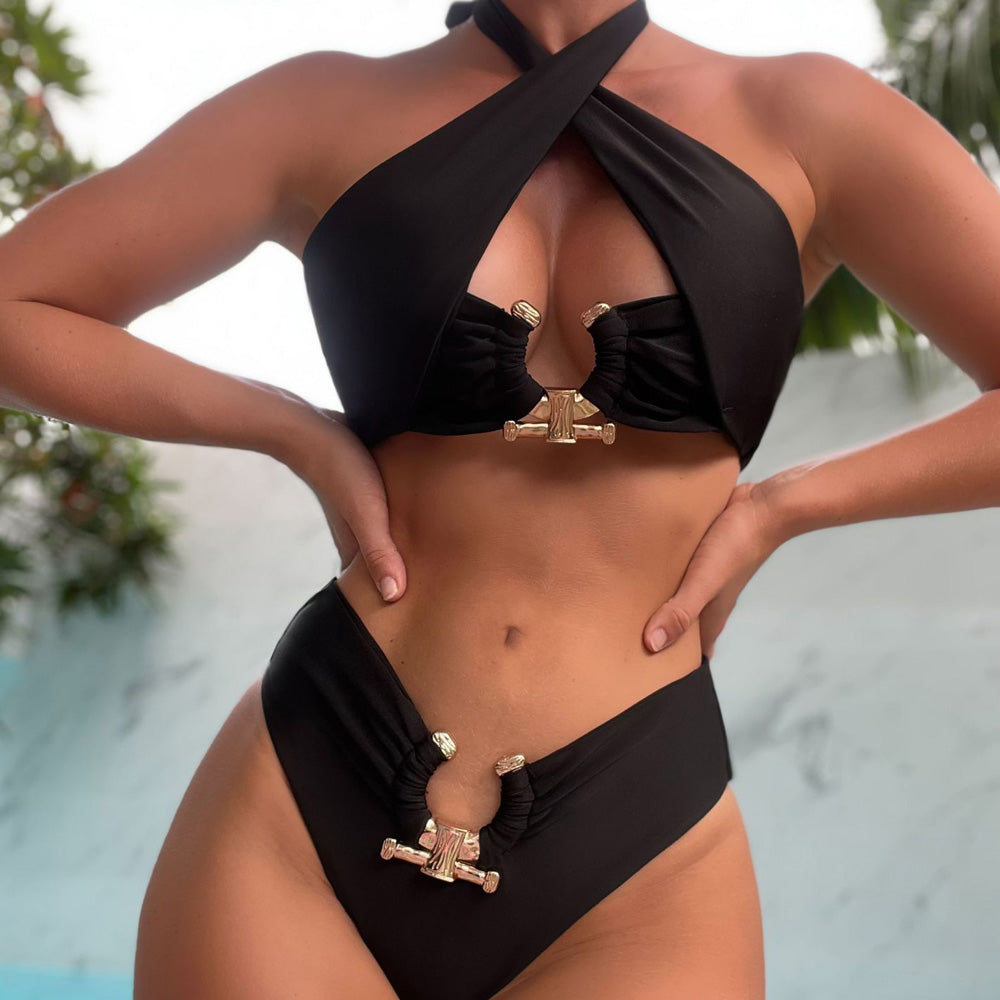 High Waist Cutout Notch Ring Wrap Layer Brazilian Two Piece Bikini Swimsuit - SkinzLine