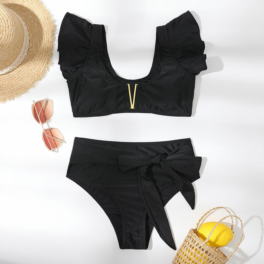 Hoge Taille Ruffle Notch Front Braziliaanse Twee-Delige Bikini - SkinzLine