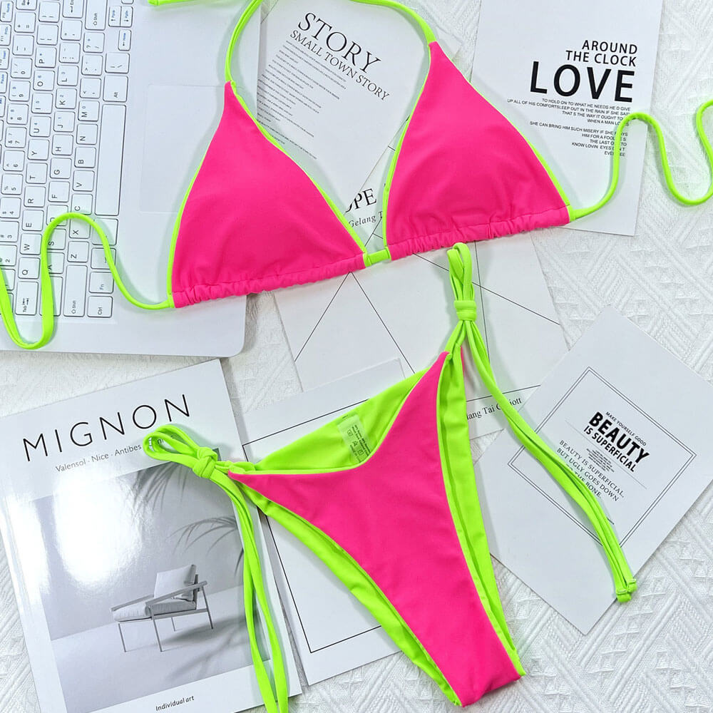 
                  
                    Neon Contrast Triangel Bikini met Striksluiting – Braziliaans Twee-Delig Zwempak - SkinzLine
                  
                