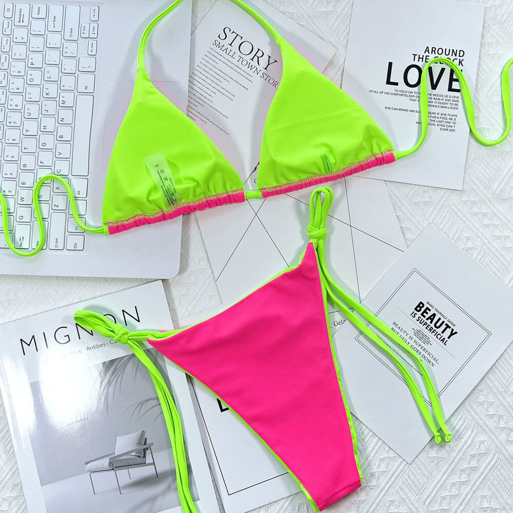 
                  
                    Neon Contrast Triangel Bikini met Striksluiting – Braziliaans Twee-Delig Zwempak - SkinzLine
                  
                