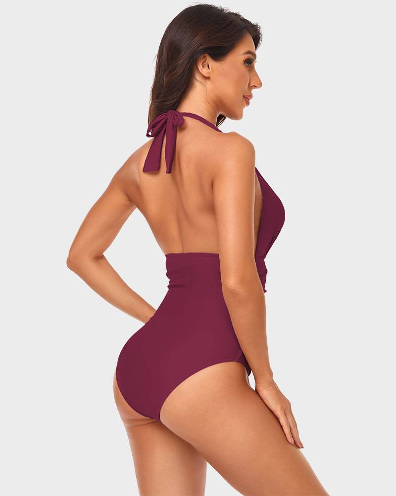 
                  
                    Halternek Diepe V-One-Piece Badpak met Ruches - SkinzLine
                  
                