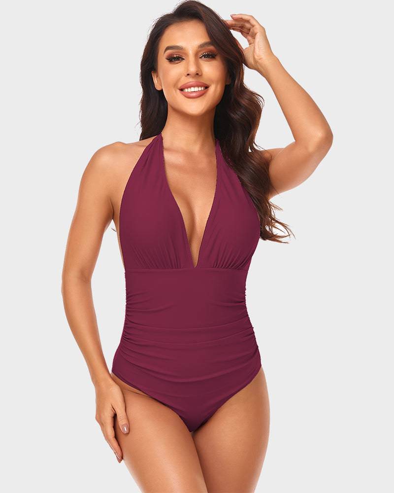 
                  
                    Halternek Diepe V-One-Piece Badpak met Ruches - SkinzLine
                  
                