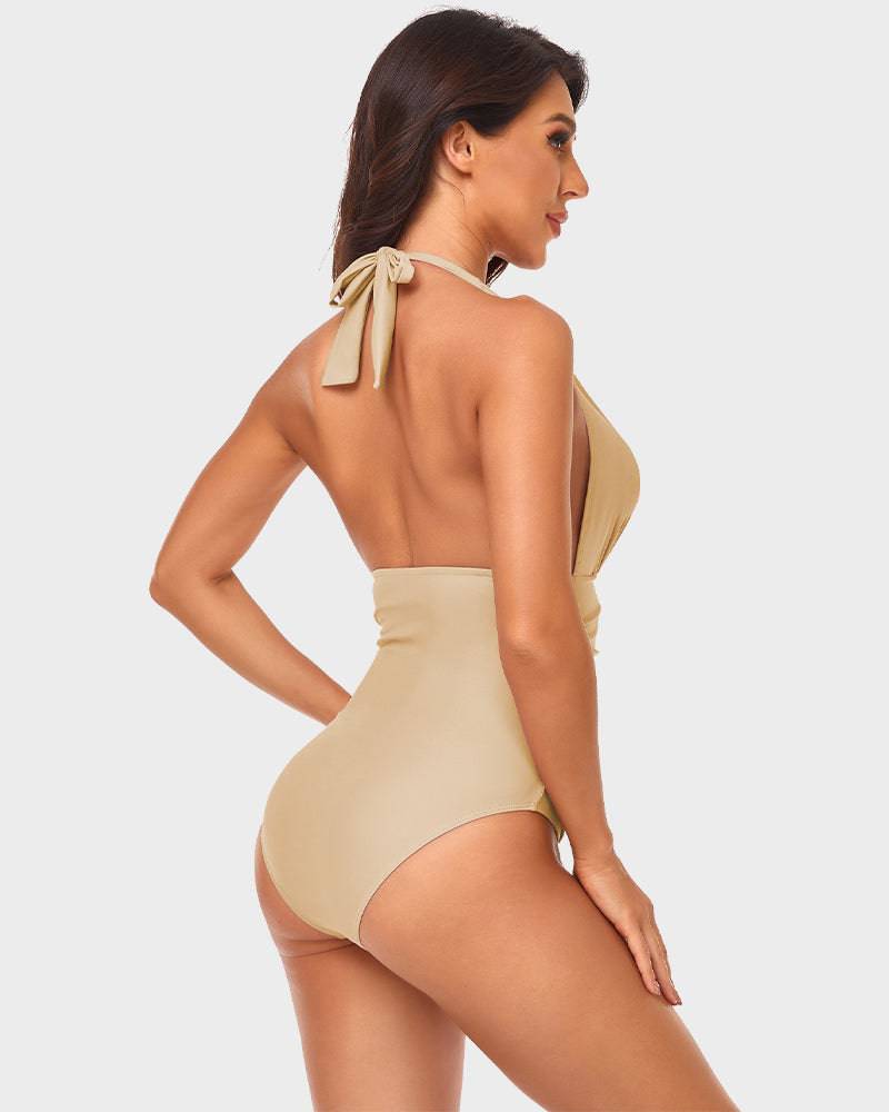
                  
                    Halternek Diepe V-One-Piece Badpak met Ruches - SkinzLine
                  
                