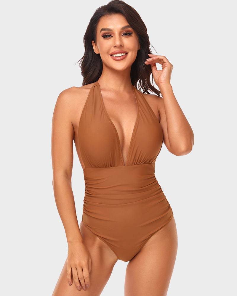 Halternek Diepe V-One-Piece Badpak met Ruches - SkinzLine