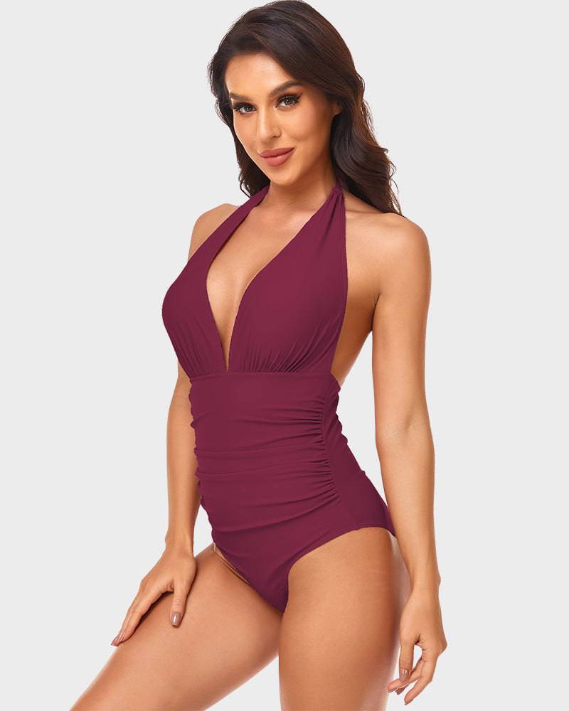 
                  
                    Halternek Diepe V-One-Piece Badpak met Ruches - SkinzLine
                  
                