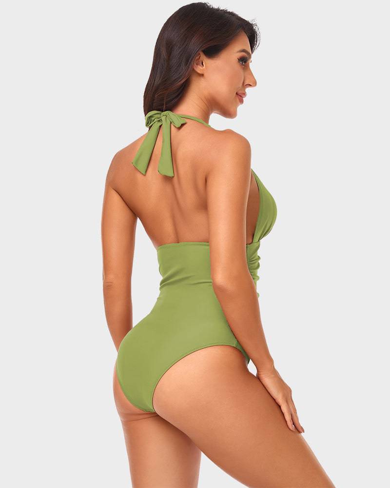 
                  
                    Halternek Diepe V-One-Piece Badpak met Ruches - SkinzLine
                  
                