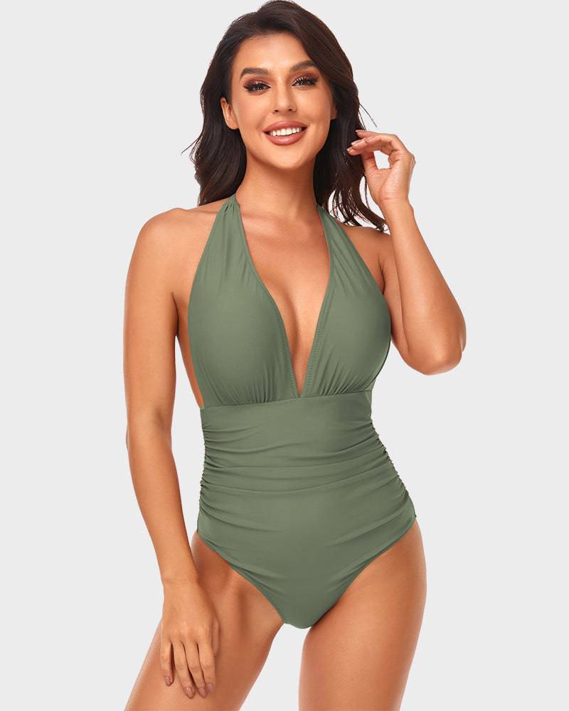 
                  
                    Halternek Diepe V-One-Piece Badpak met Ruches - SkinzLine
                  
                