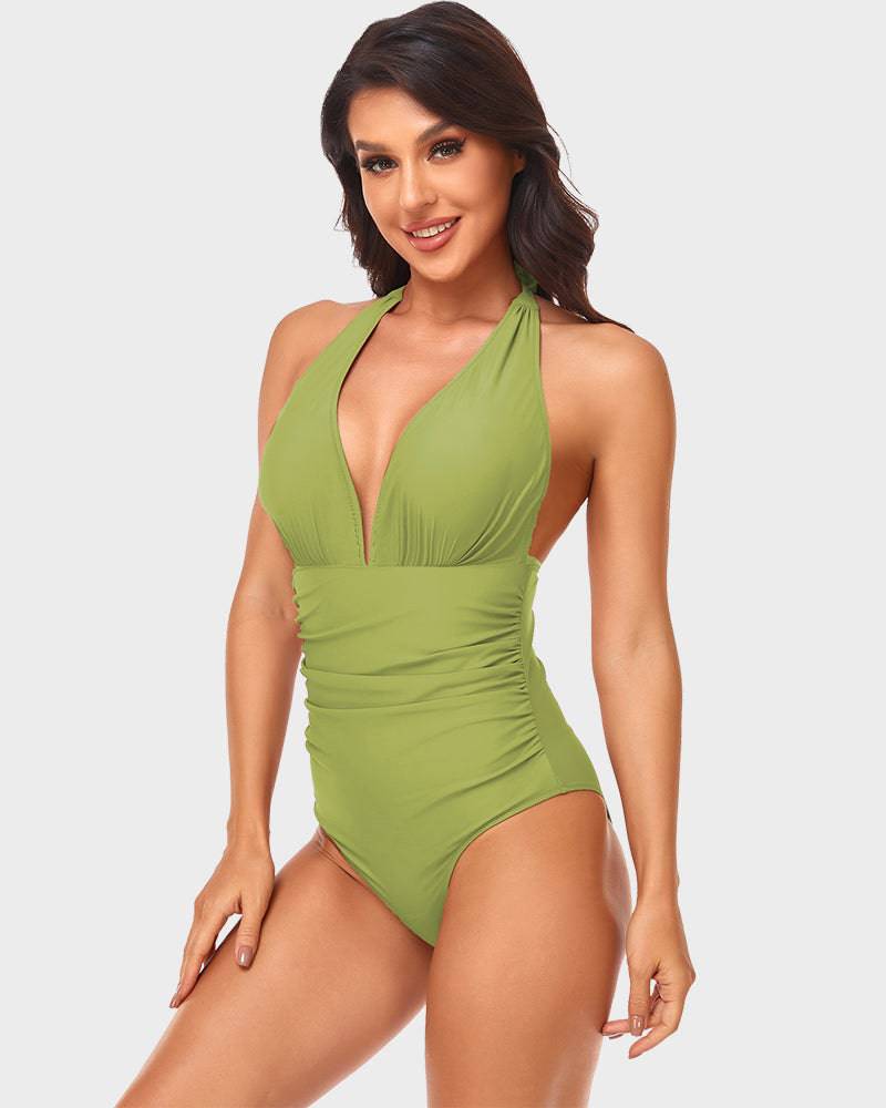 
                  
                    Halternek Diepe V-One-Piece Badpak met Ruches - SkinzLine
                  
                