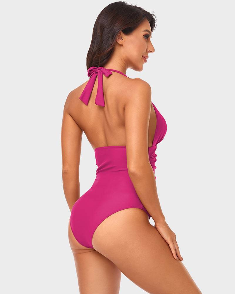 
                  
                    Halternek Diepe V-One-Piece Badpak met Ruches - SkinzLine
                  
                