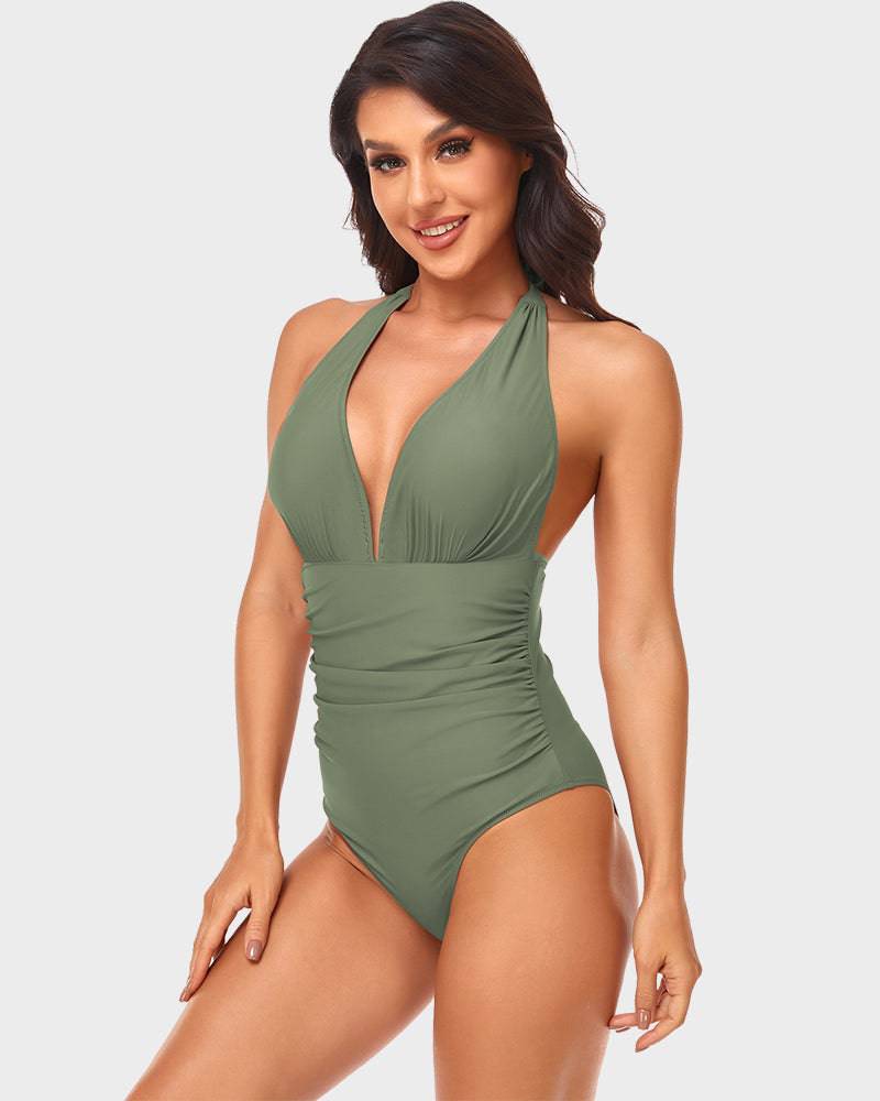 
                  
                    Halternek Diepe V-One-Piece Badpak met Ruches - SkinzLine
                  
                