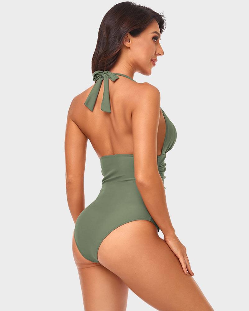 
                  
                    Halternek Diepe V-One-Piece Badpak met Ruches - SkinzLine
                  
                