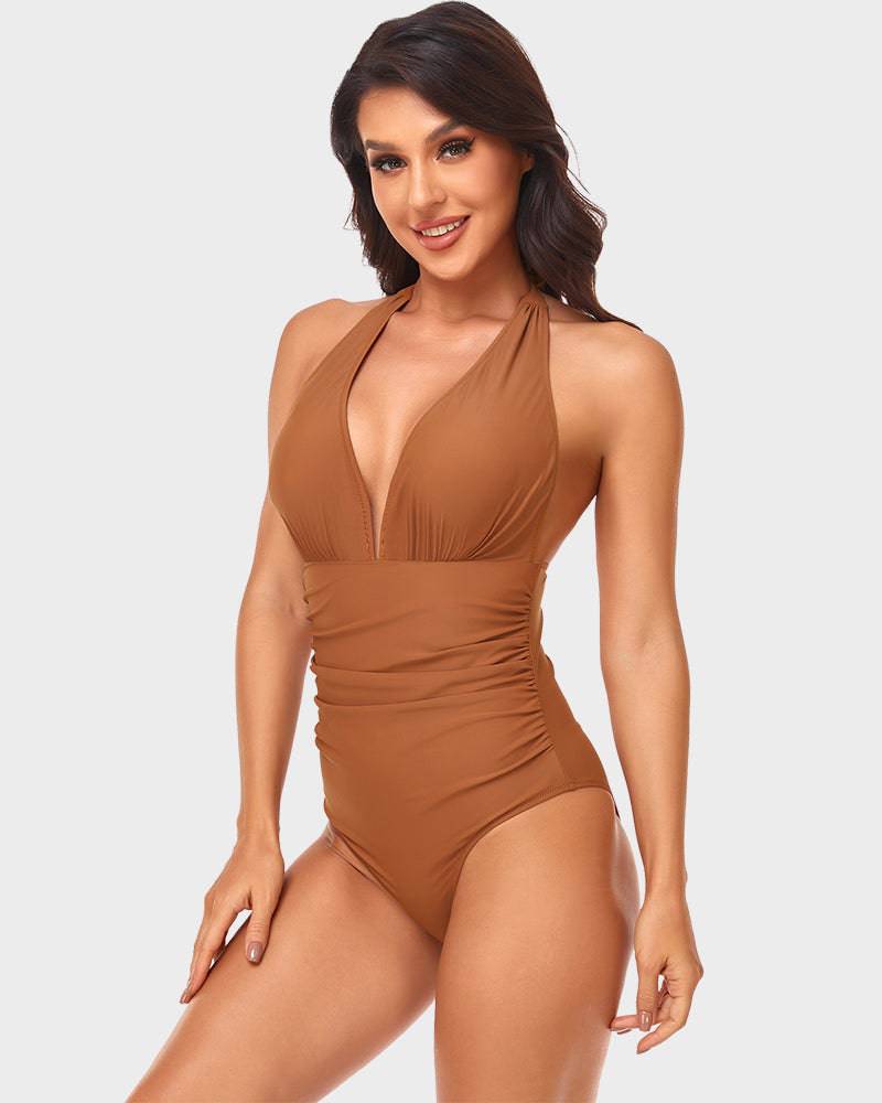 Halternek Diepe V-One-Piece Badpak met Ruches - SkinzLine