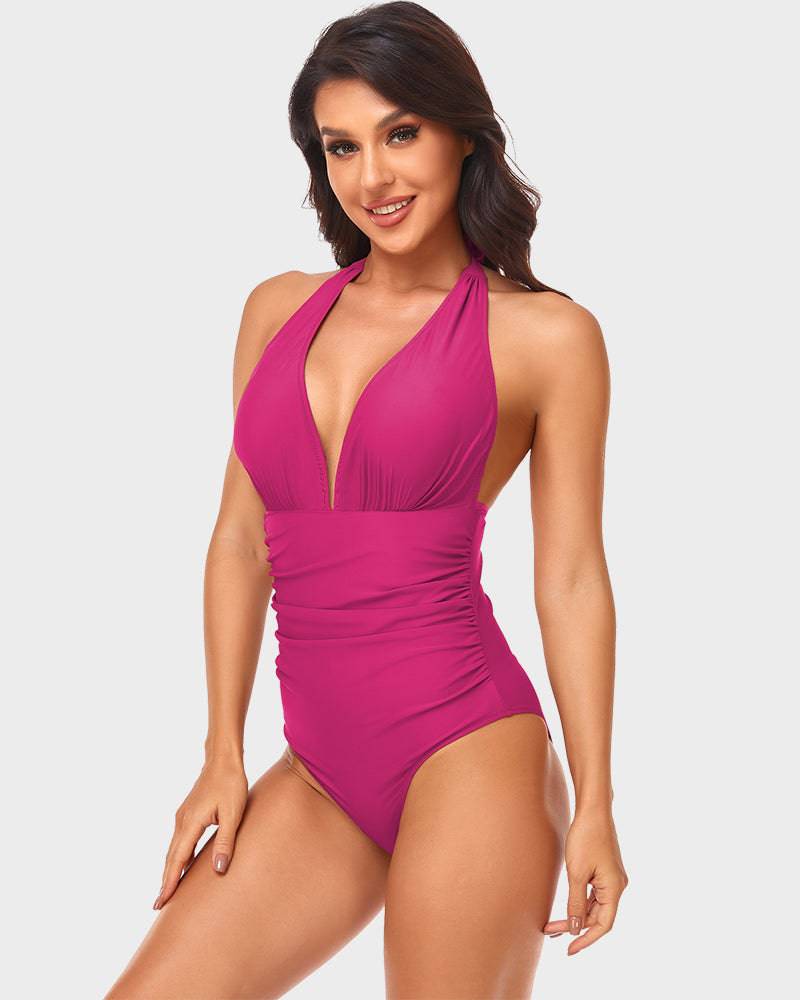 
                  
                    Halternek Diepe V-One-Piece Badpak met Ruches - SkinzLine
                  
                