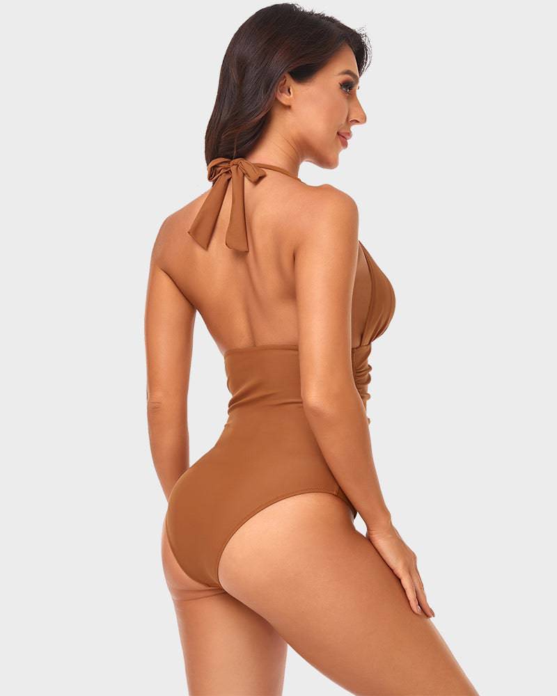 
                  
                    Halternek Diepe V-One-Piece Badpak met Ruches - SkinzLine
                  
                