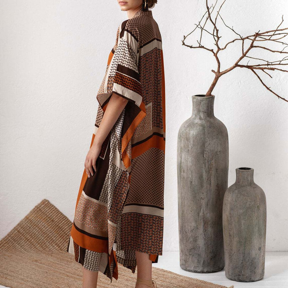 
                  
                    Bohemian Patchwork V-Hals Maxi Strand Cover Up met Wijdere Mouwen - SkinzLine
                  
                