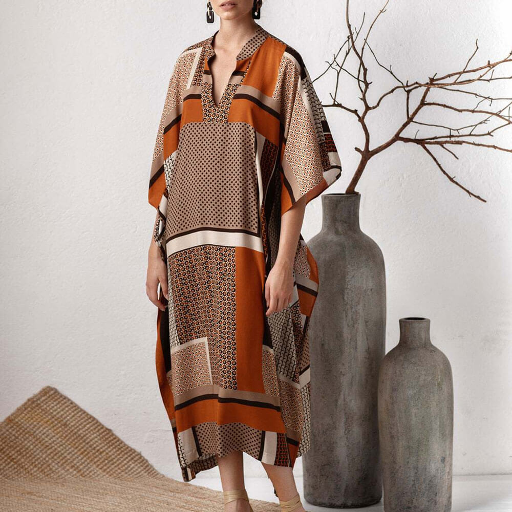 Bohemian Patchwork V-Hals Maxi Strand Cover Up met Wijdere Mouwen - SkinzLine