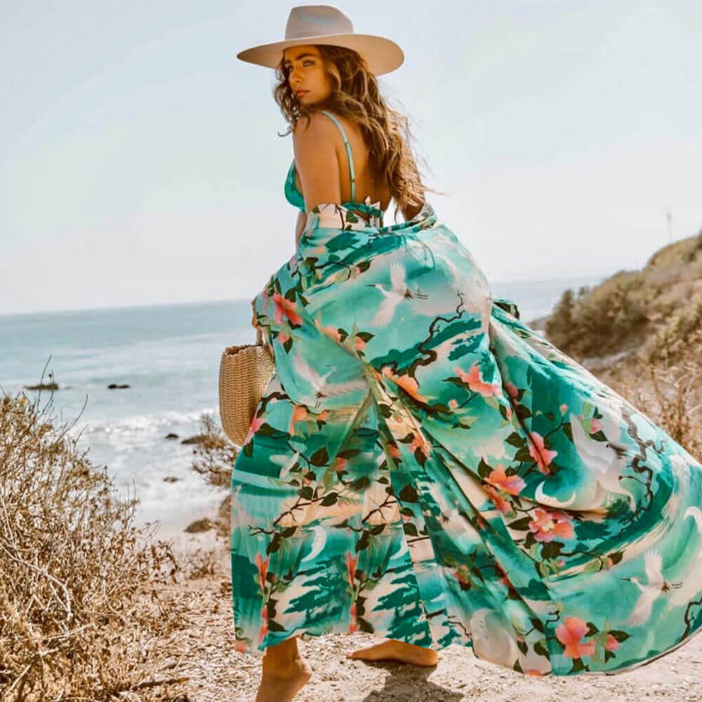 Luchtige Maxi Strand Cover-Up met Bloemenprint en Ceintuur – Boho Chic - SkinzLine
