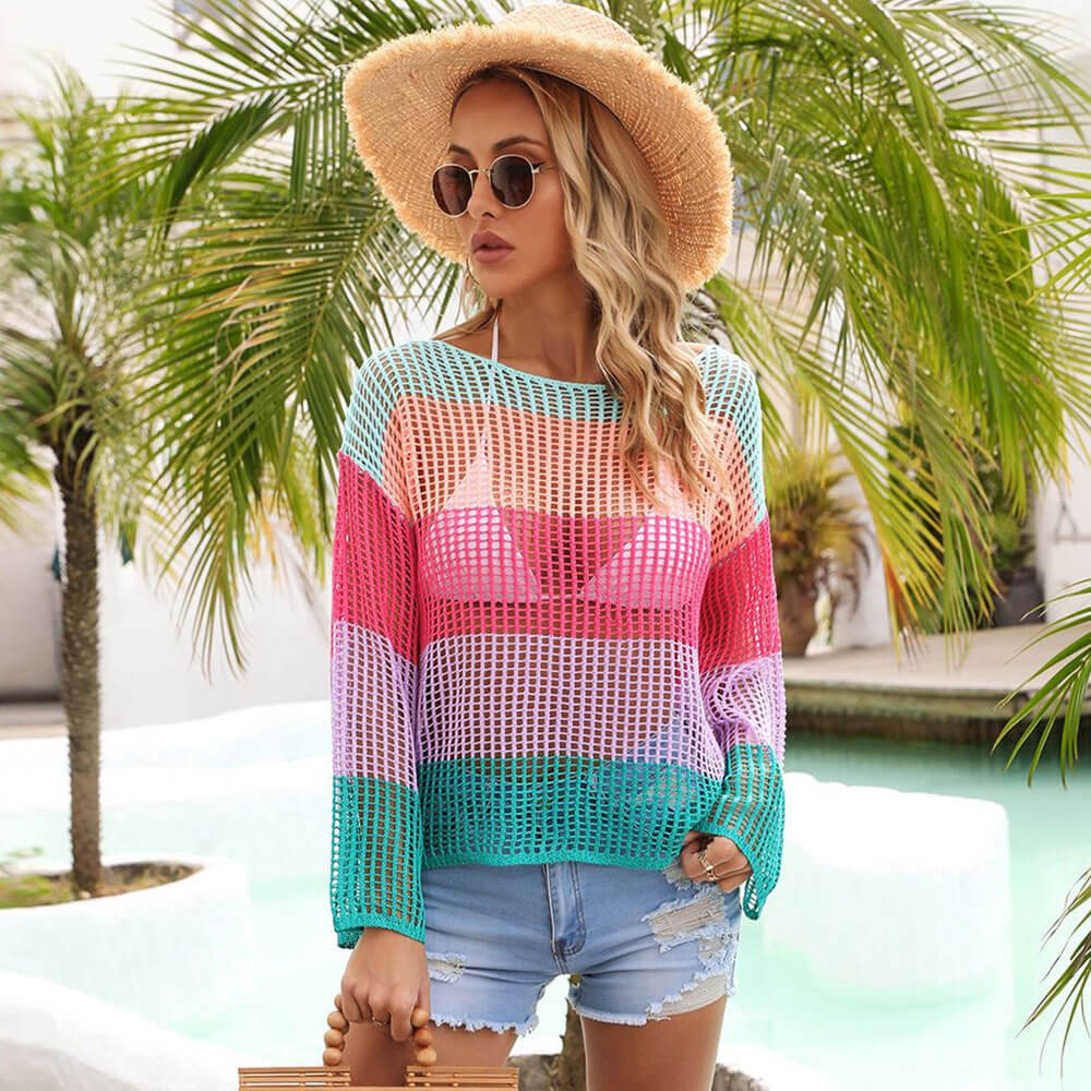 Color Block Lange Mouw Sheer Ladder Knit Crochet Brazilian Beach Cover Up Top - SkinzLine