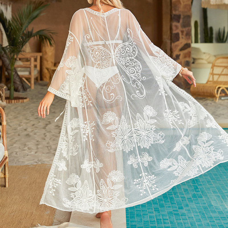 
                  
                    Elegante Tie Front Lange Mouw Bloemen Kant Brazilian Midi Cover Up - SkinzLine
                  
                