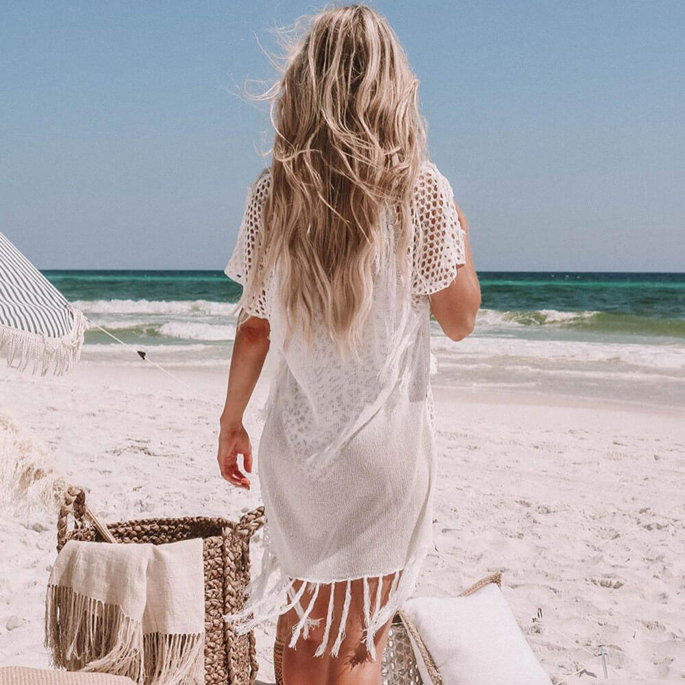 Speelse Kanten Strand Cover-Up met Vetersluiting en Franjes – Sexy & Trendy - SkinzLine