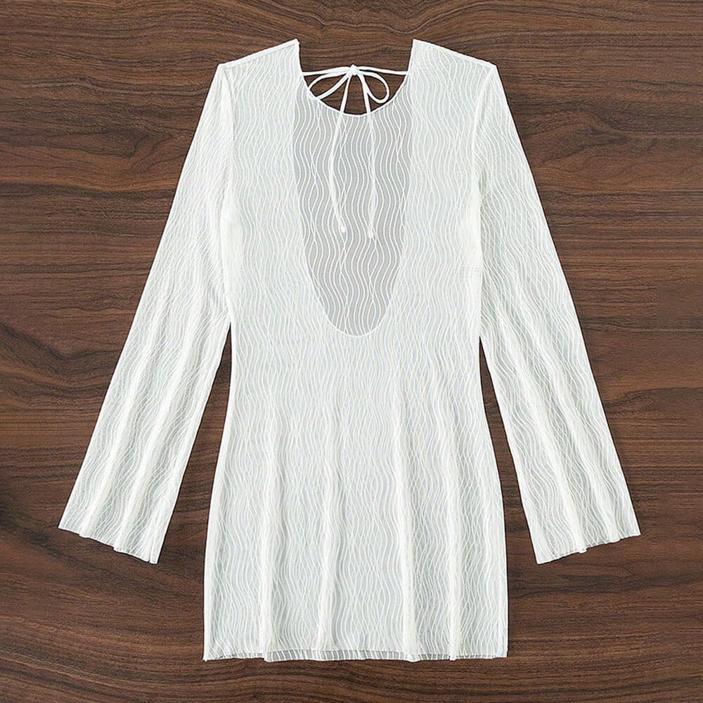 
                  
                    Boho Strandjurk met Wavy Print en Wijde Mouwen – Luchtige Sheer Mesh Cover-Up - SkinzLine
                  
                