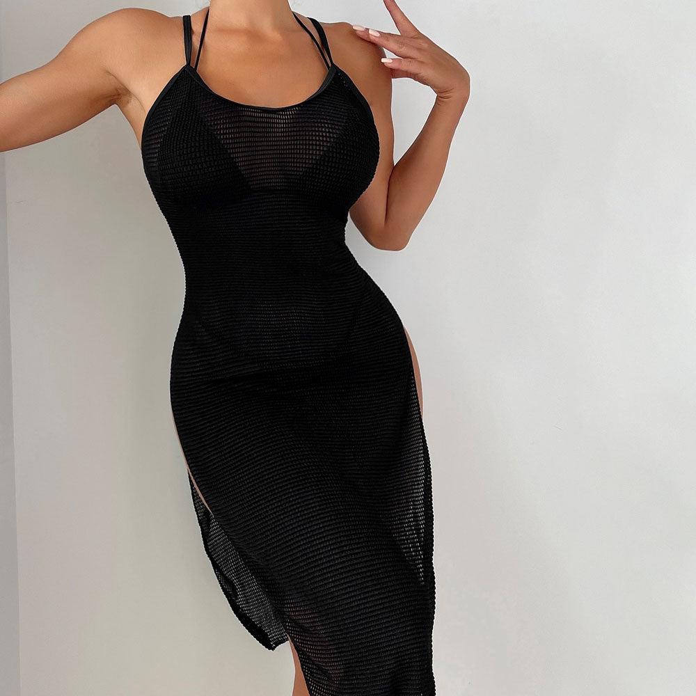 
                  
                    Sexy Scoop Neck Sleeveless Fitted Thigh Split Brazilian Midi Netted Cover Up - SkinzLine
                  
                