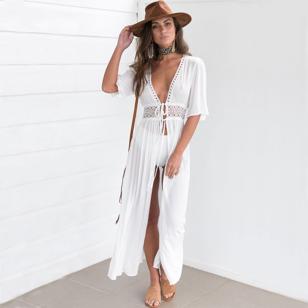 Verleidelijke Chiffon Strand Cover-up met Kantdetails en Striksluiting – Elegant en Luchtig - SkinzLine