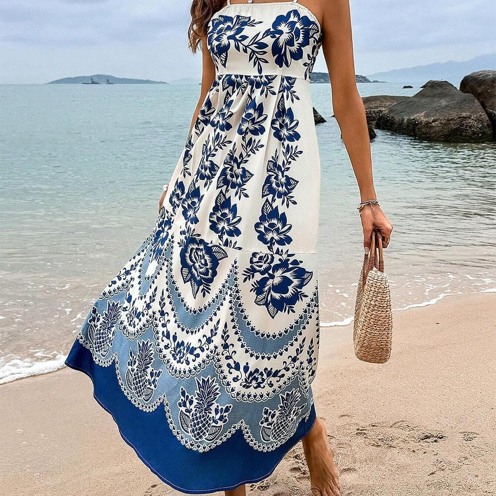 
                  
                    Athenia - Wit Blauwe Elegante Maxi Jurk met Print - SkinzLine
                  
                