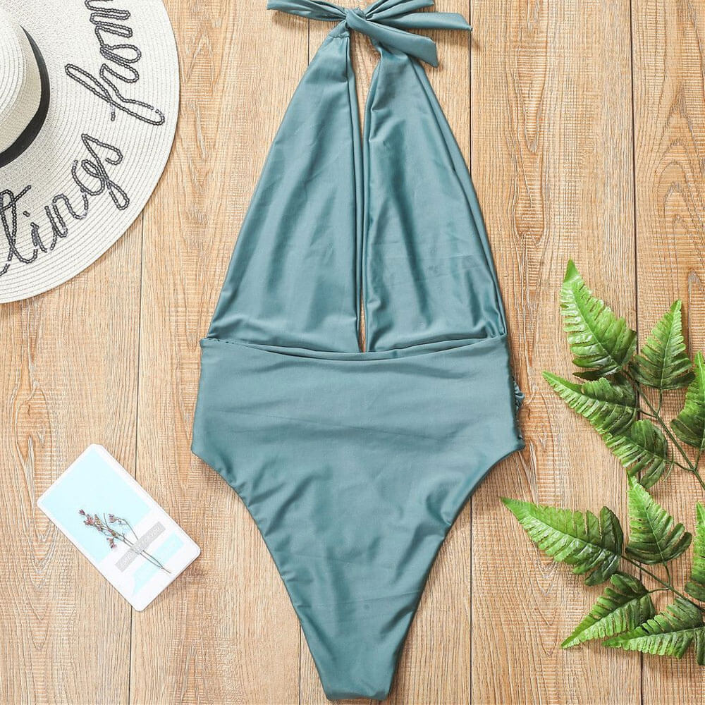 
                  
                    Twist Ruched High Cut Deep V Halter Low Back Brazilian One Piece Swimsuit - SkinzLine
                  
                