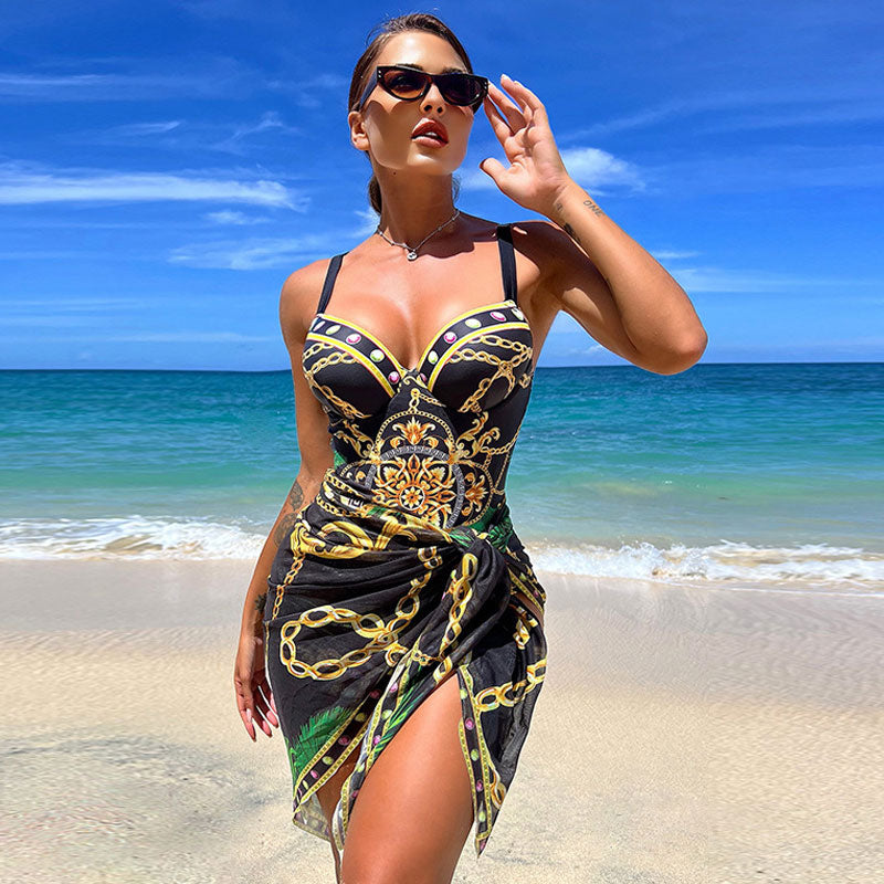 Baroque Floral One Piece Swimsuit met Sheer Sarong – Elegant & Flatterend - SkinzLine