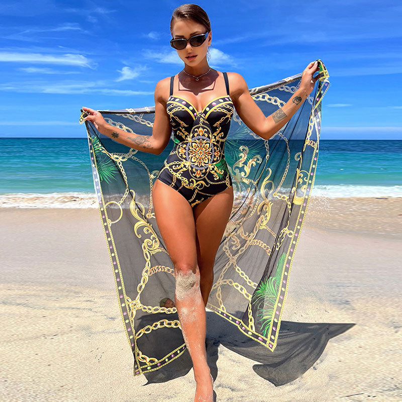 Baroque Floral One Piece Swimsuit met Sheer Sarong – Elegant & Flatterend - SkinzLine