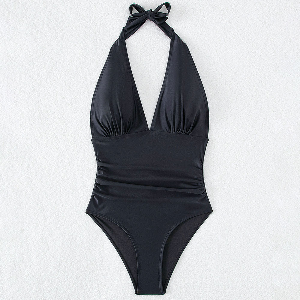 
                  
                    Verleidelijk Zwart Halter Badpak met Diepe V-hals en Brazilian Cheeky Pasvorm - SkinzLine
                  
                
