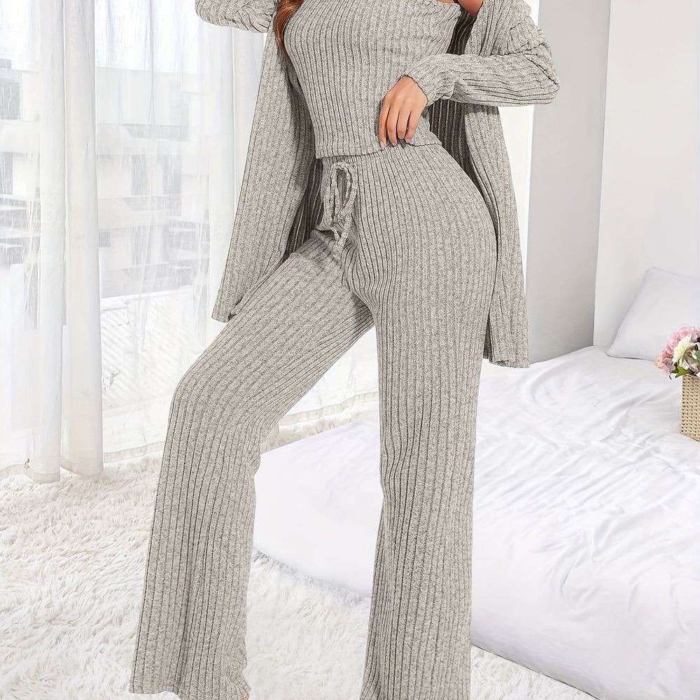 
                  
                    Dames Gebreide Drie-delige Set - Vest - Wijde Broek - Cardigan - SkinzLine
                  
                