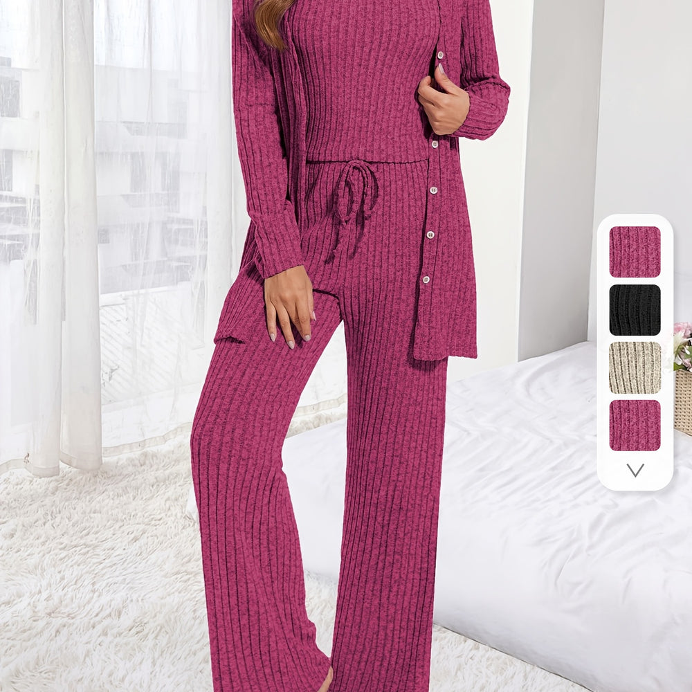 Dames Gebreide Drie-delige Set - Vest - Wijde Broek - Cardigan - SkinzLine
