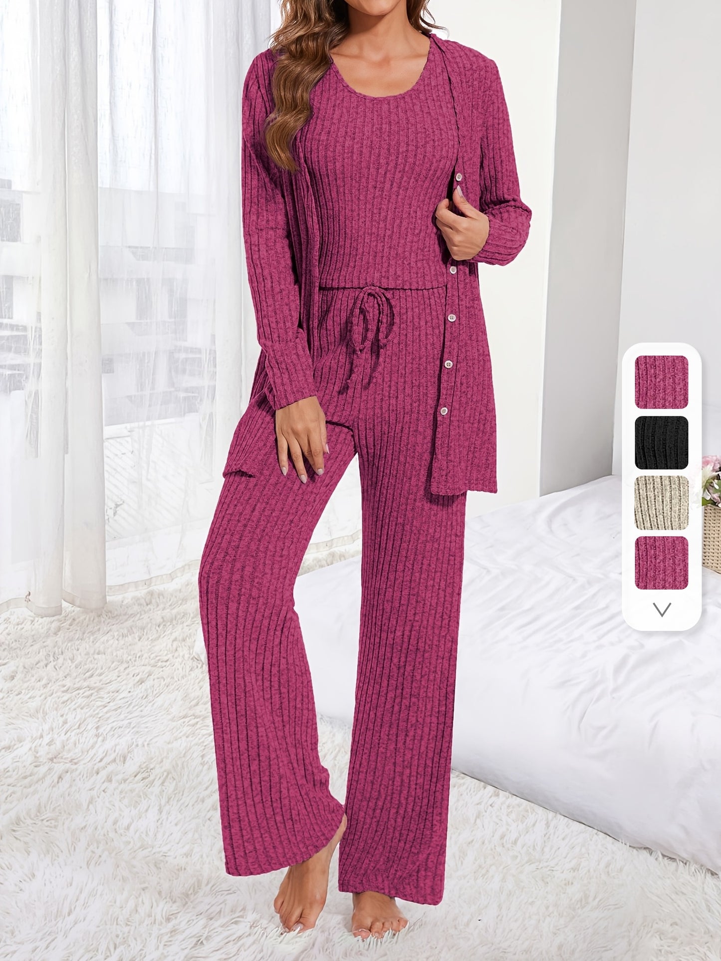 Dames Gebreide Drie-delige Set - Vest - Wijde Broek - Cardigan - SkinzLine