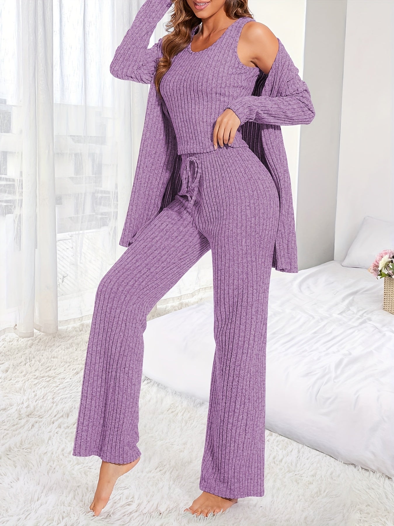 Dames Gebreide Drie-delige Set - Vest - Wijde Broek - Cardigan - SkinzLine