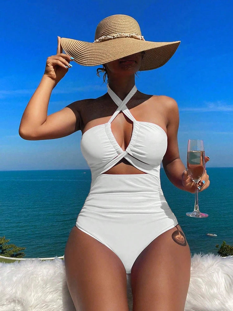 Elegant Bandeau Badpak – Hoge Taille, Halternek en Verstelbaar Trekkoord - SkinzLine