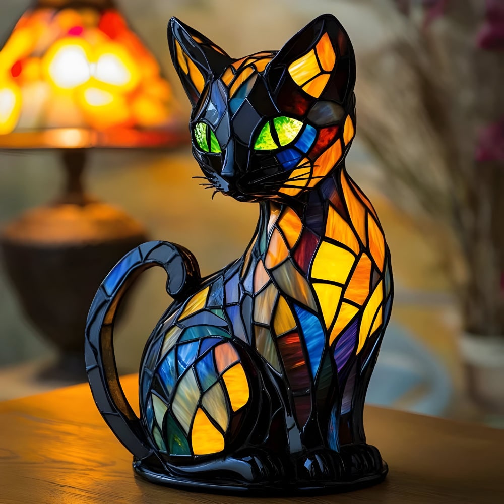 Tafellamp met kat in glas-in-lood, kleurrijk mozaïekpatroon en warme gloed, nachtkastverlichting
