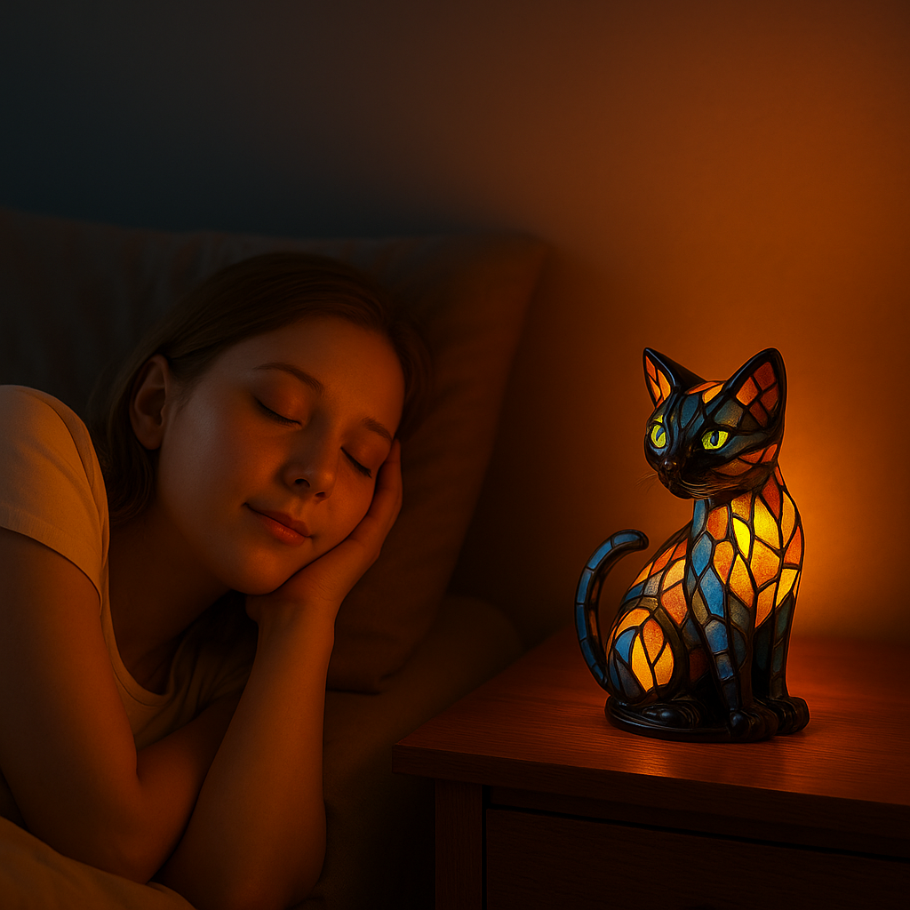 Tafellamp met kat in glas-in-lood, kleurrijk mozaïekpatroon en warme gloed, nachtkastverlichting
